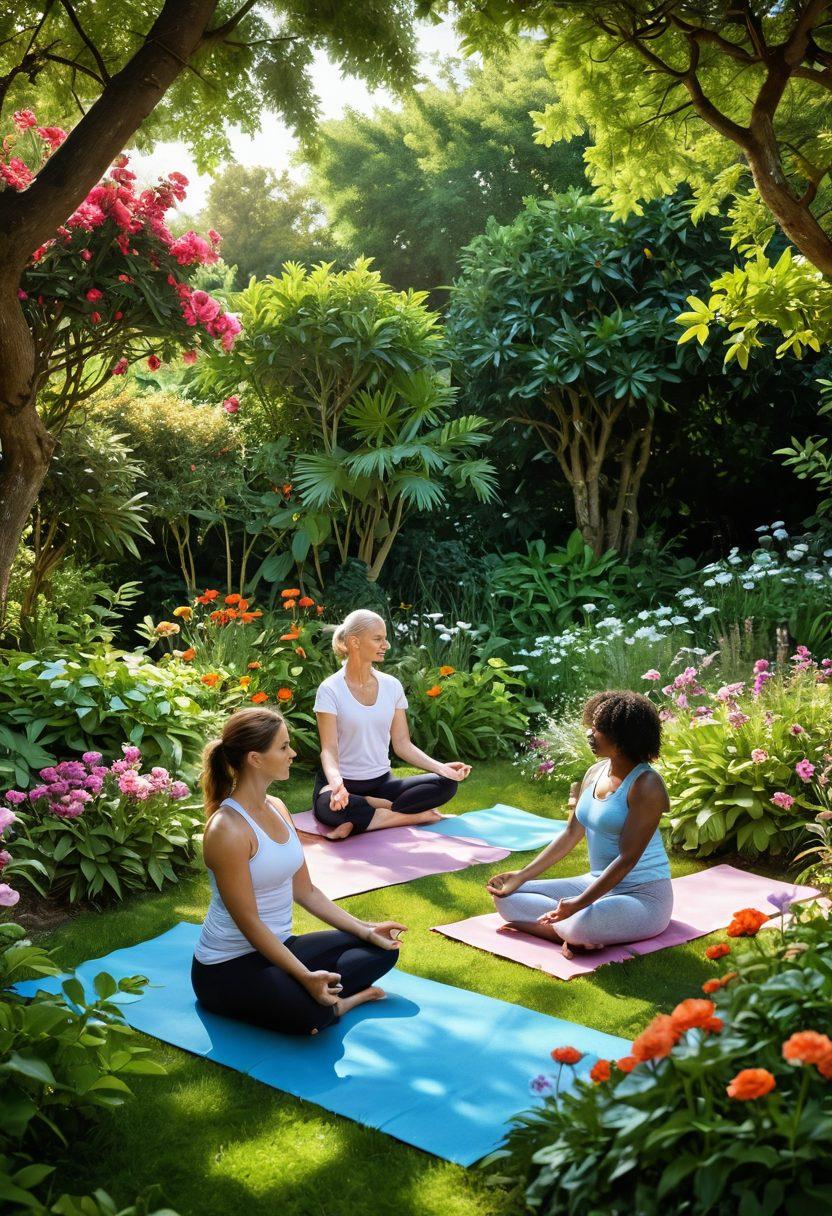 A serene and uplifting scene depicting a diverse group of individuals sharing supportive moments in a lush garden, filled with vibrant flowers and greenery. Include elements of wellness such as yoga mats, health pamphlets, and soft sunlight filtering through the trees, symbolizing hope and empowerment in cancer care. Illustrate a calm and positive atmosphere to inspire resilience. vibrant colors. super-realistic. nature-inspired.